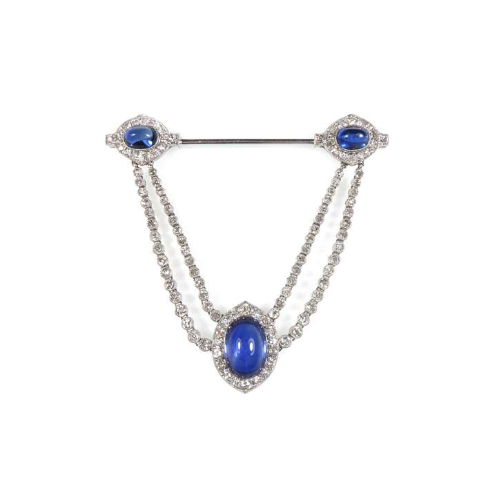 Early 20th century cabochon sapphire and diamond cluster swag jabot pendant brooch